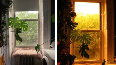 A dypthic of two photos of the same window, on the left with a neutral white light, the right one with an orange-yellow light